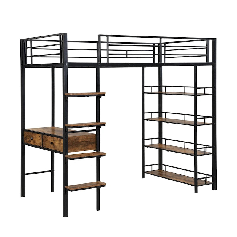 Twin Size Metal Loft bed with Desk and Shelves