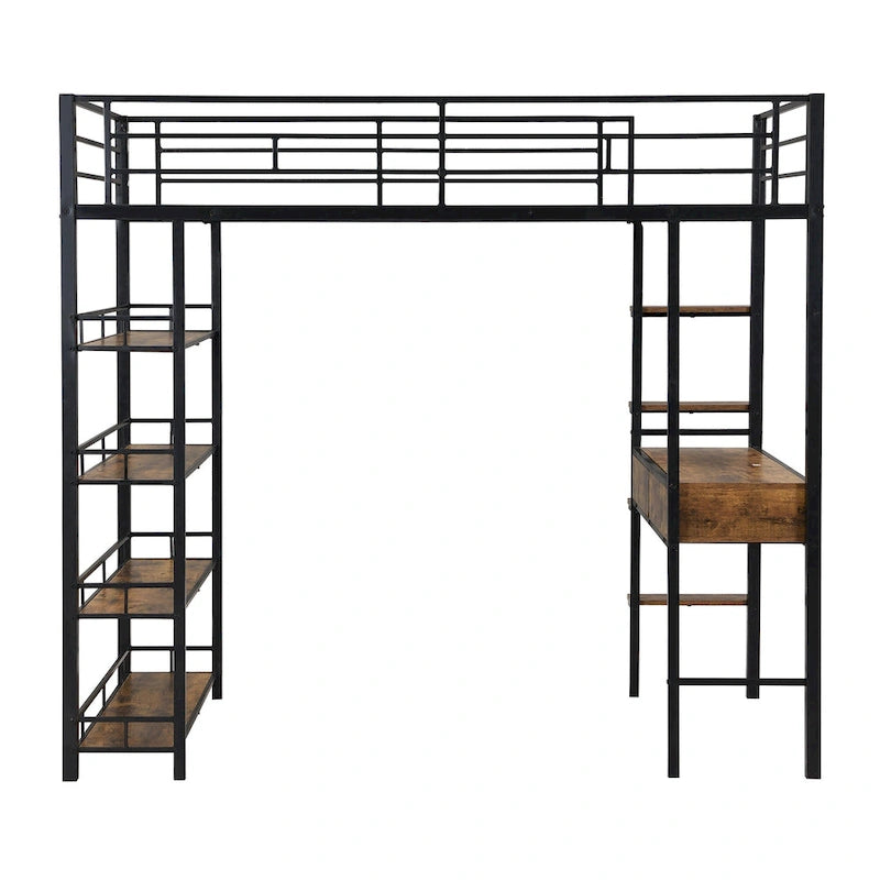 Twin Size Metal Loft bed with Desk and Shelves