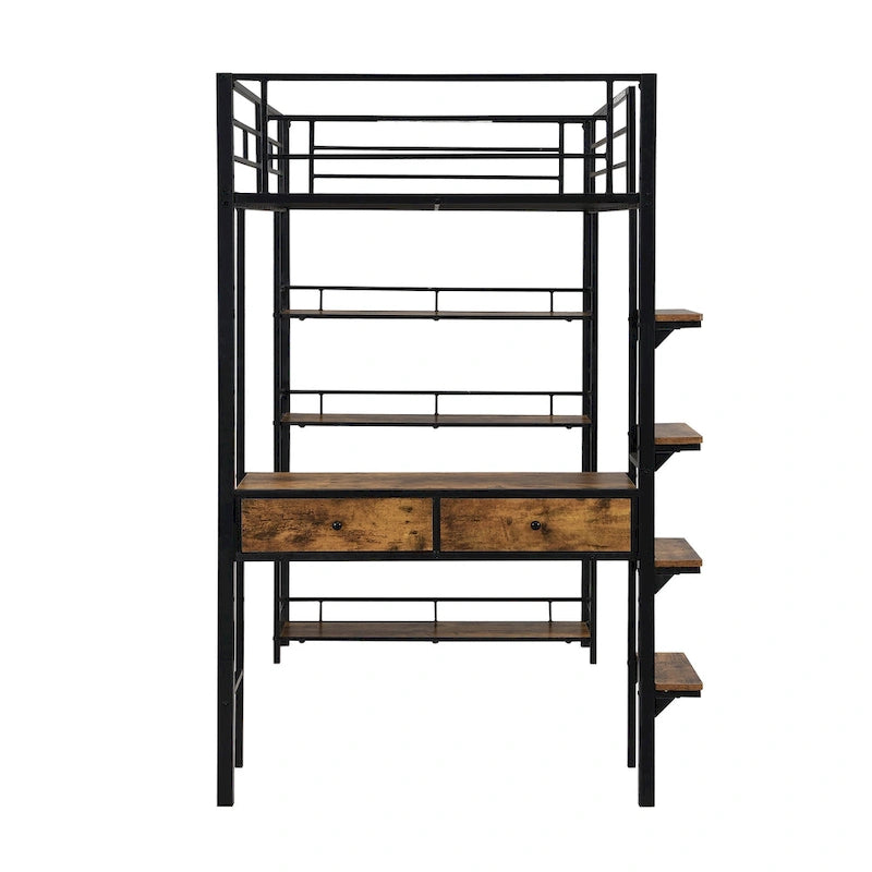 Twin Size Metal Loft bed with Desk and Shelves