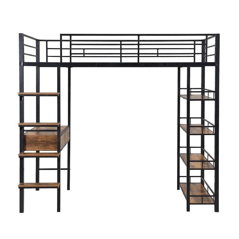 Twin Size Metal Loft bed with Desk and Shelves