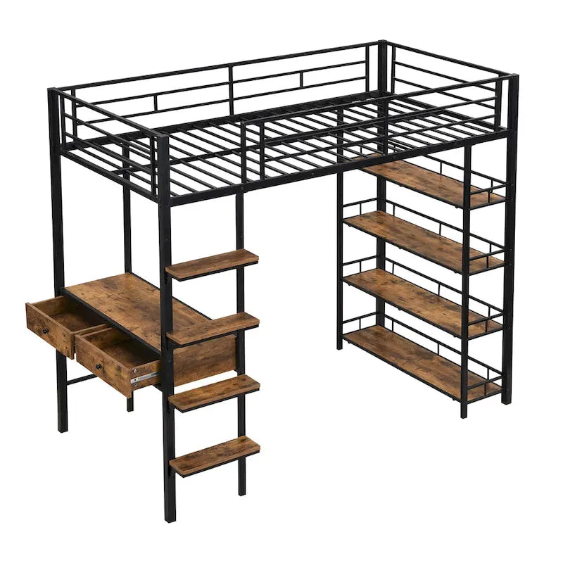 Twin Size Metal Loft bed with Desk and Shelves