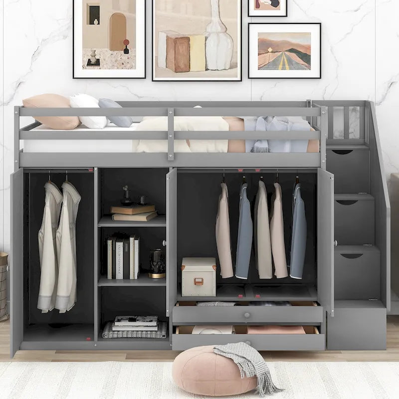 Functional Loft Bed with 3 Shelves, 2 Wardrobes and 2 Drawers, Ladder with Storage