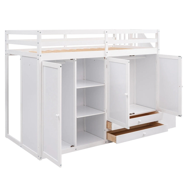 Functional Loft Bed with 3 Shelves, 2 Wardrobes and 2 Drawers, Ladder with Storage