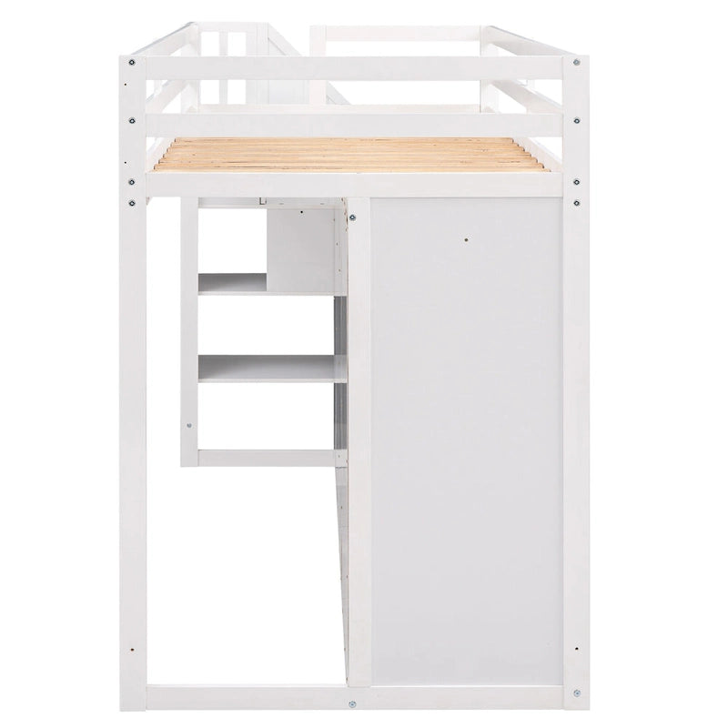 Functional Loft Bed with 3 Shelves, 2 Wardrobes and 2 Drawers, Ladder with Storage