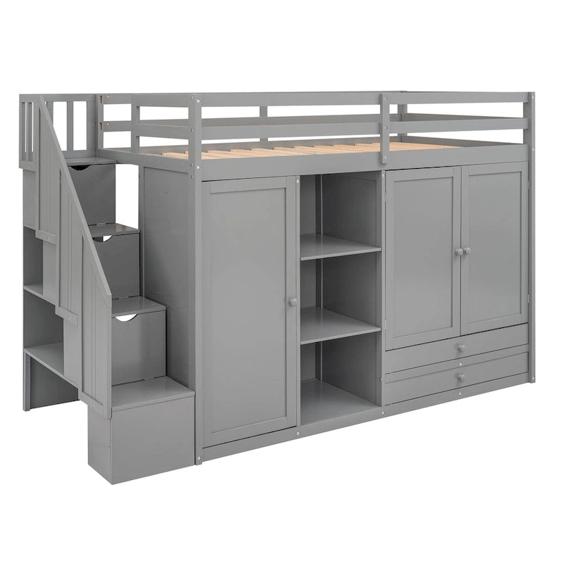 Functional Loft Bed with 3 Shelves, 2 Wardrobes and 2 Drawers, Ladder with Storage