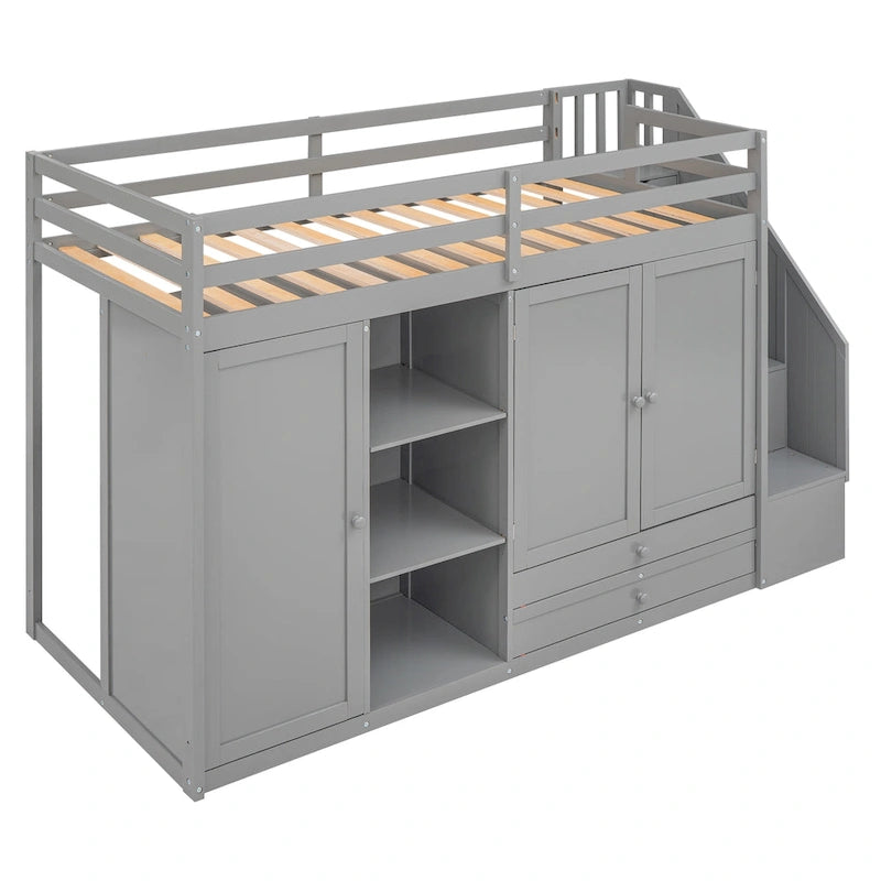 Functional Loft Bed with 3 Shelves, 2 Wardrobes and 2 Drawers, Ladder with Storage