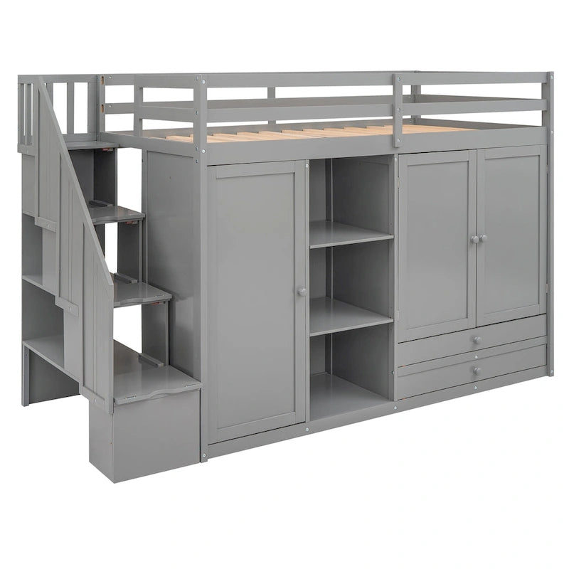 Functional Loft Bed with 3 Shelves, 2 Wardrobes and 2 Drawers, Ladder with Storage