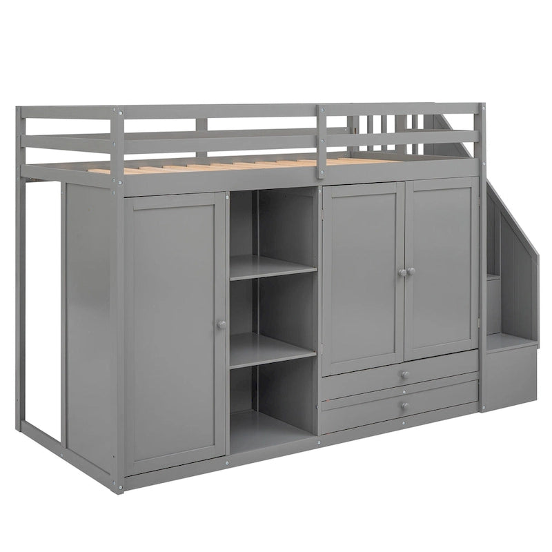 Functional Loft Bed with 3 Shelves, 2 Wardrobes and 2 Drawers, Ladder with Storage