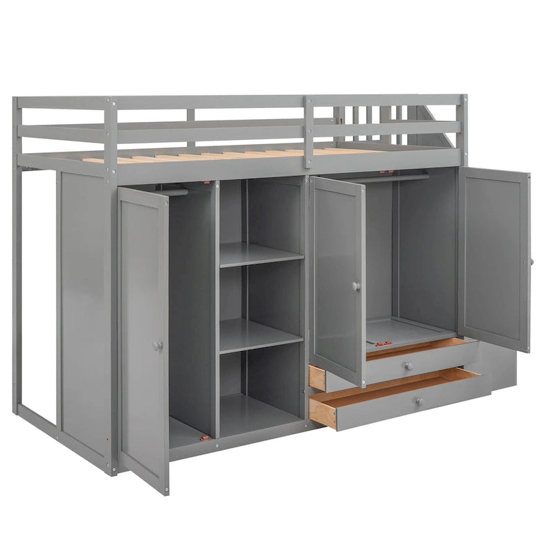 Functional Loft Bed with 3 Shelves, 2 Wardrobes and 2 Drawers, Ladder with Storage