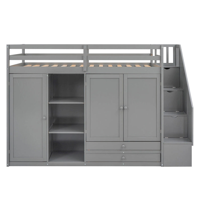 Functional Loft Bed with 3 Shelves, 2 Wardrobes and 2 Drawers, Ladder with Storage