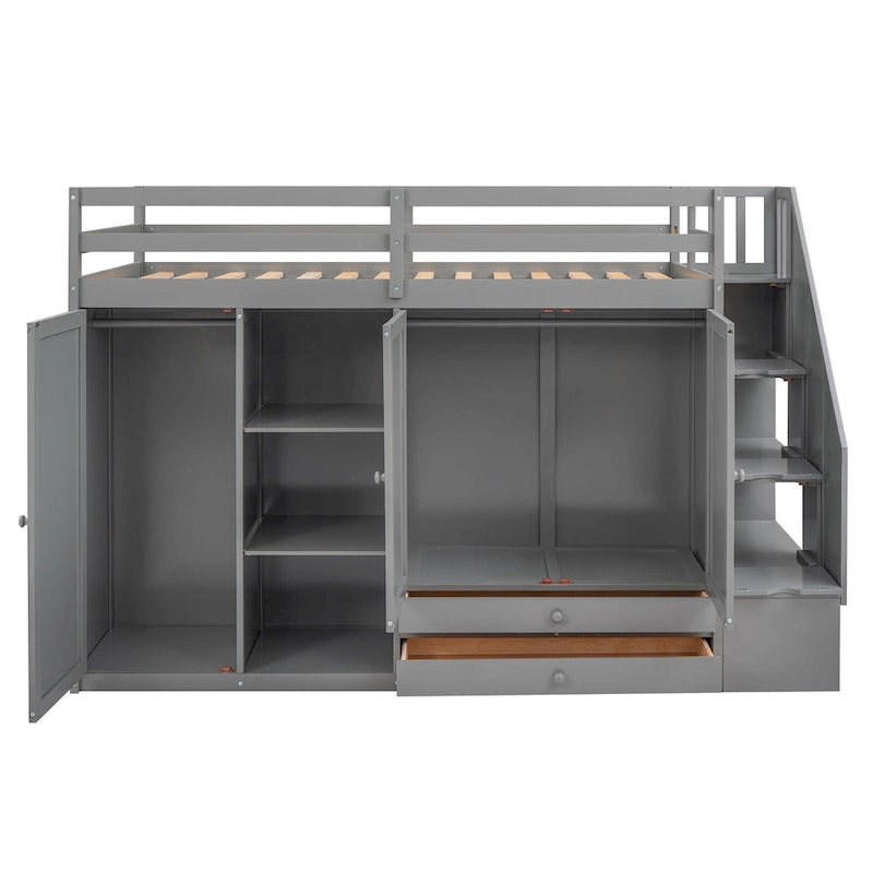 Functional Loft Bed with 3 Shelves, 2 Wardrobes and 2 Drawers, Ladder with Storage