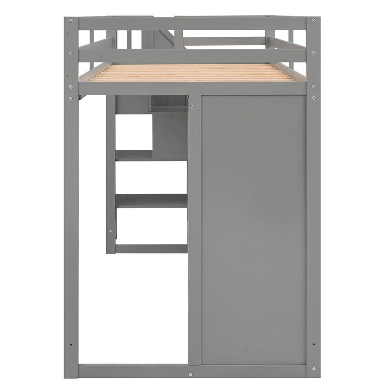 Functional Loft Bed with 3 Shelves, 2 Wardrobes and 2 Drawers, Ladder with Storage