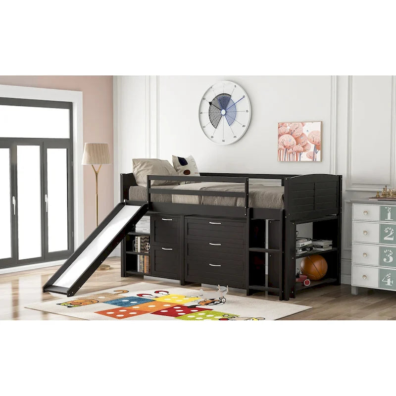 Low Twin Size Loft Bed with Cabinets, Shelves and Slide