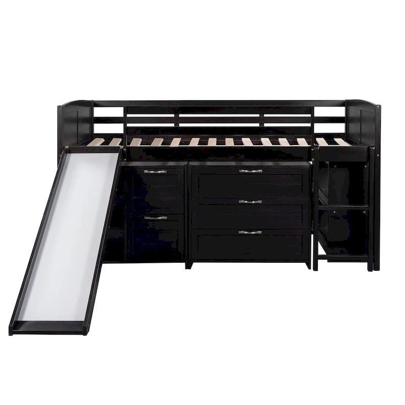Low Twin Size Loft Bed with Cabinets, Shelves and Slide