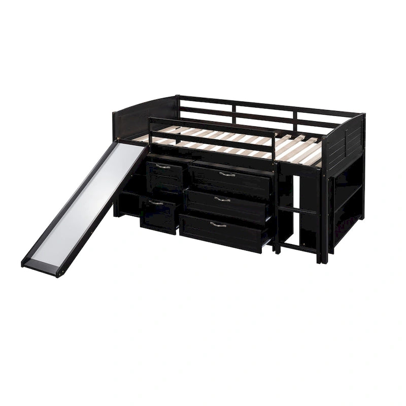 Low Twin Size Loft Bed with Cabinets, Shelves and Slide