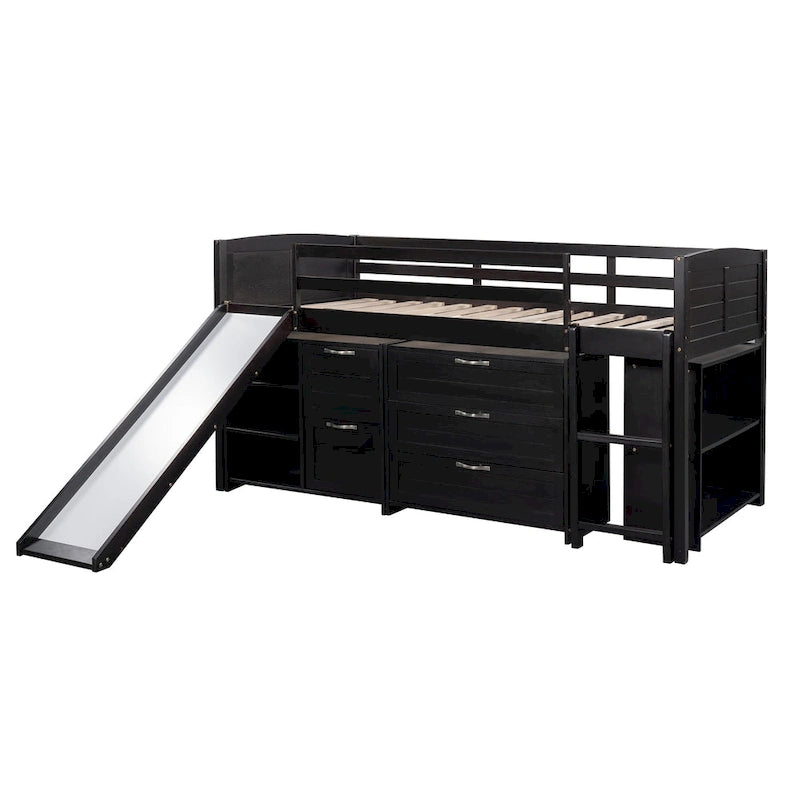 Low Twin Size Loft Bed with Cabinets, Shelves and Slide