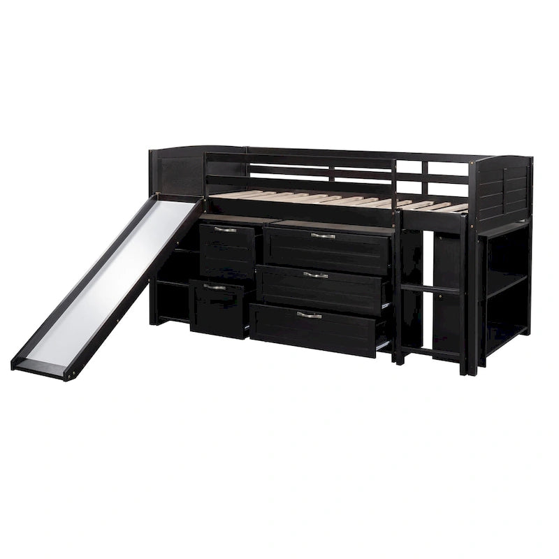 Low Twin Size Loft Bed with Cabinets, Shelves and Slide