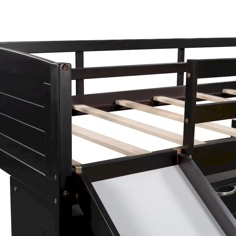 Low Twin Size Loft Bed with Cabinets, Shelves and Slide