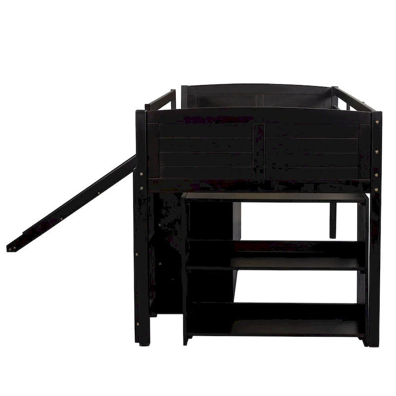 Low Twin Size Loft Bed with Cabinets, Shelves and Slide