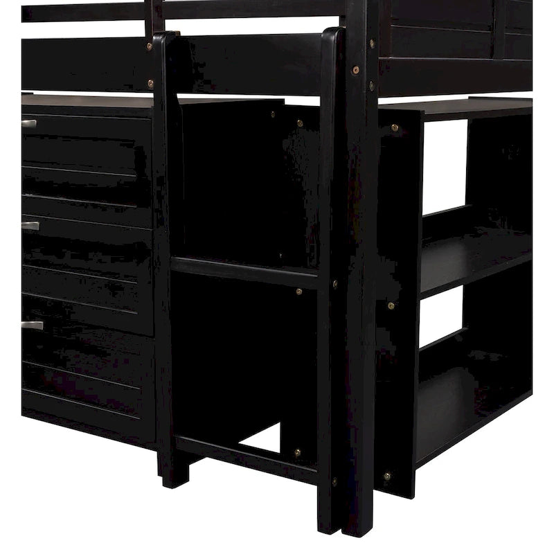 Low Twin Size Loft Bed with Cabinets, Shelves and Slide