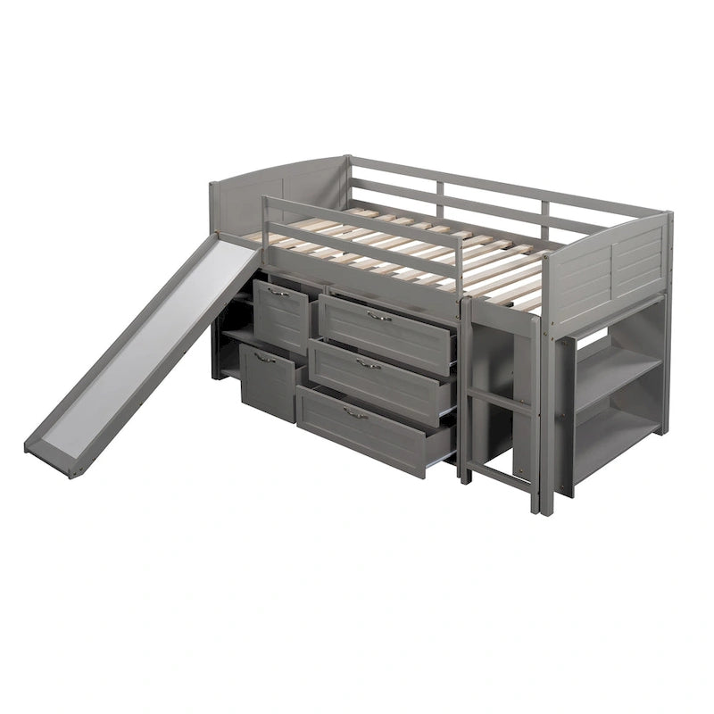 Low Twin Size Loft Bed with Cabinets, Shelves and Slide