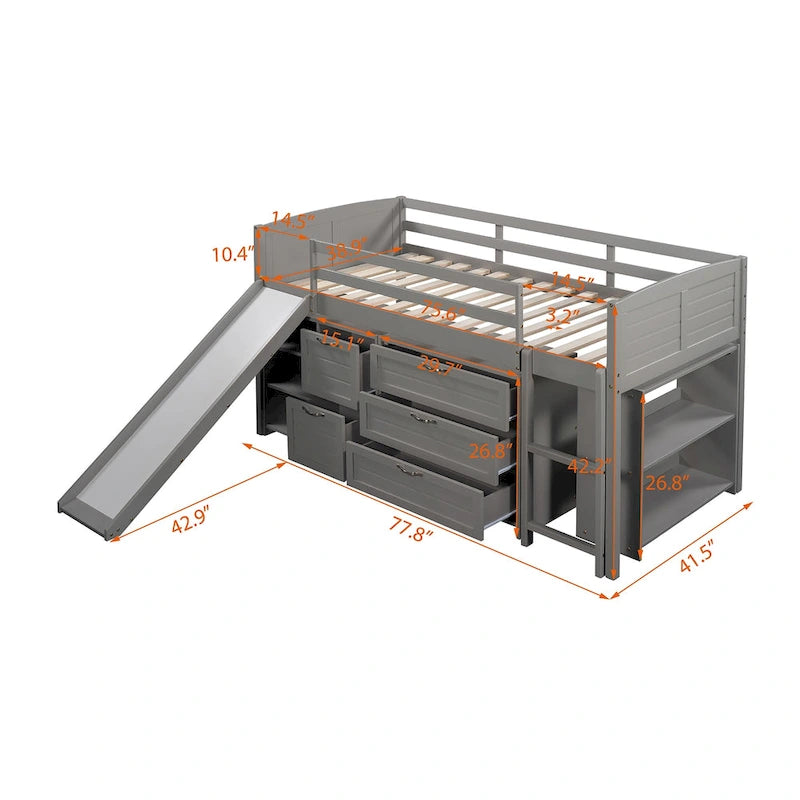 Low Twin Size Loft Bed with Cabinets, Shelves and Slide