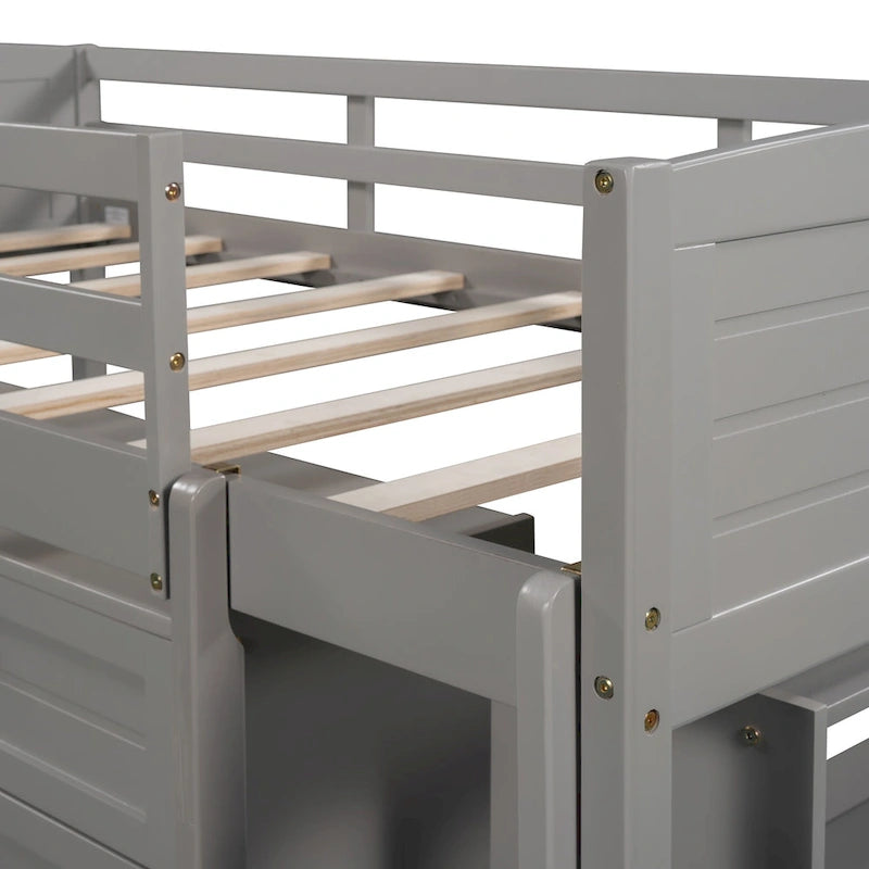 Low Twin Size Loft Bed with Cabinets, Shelves and Slide