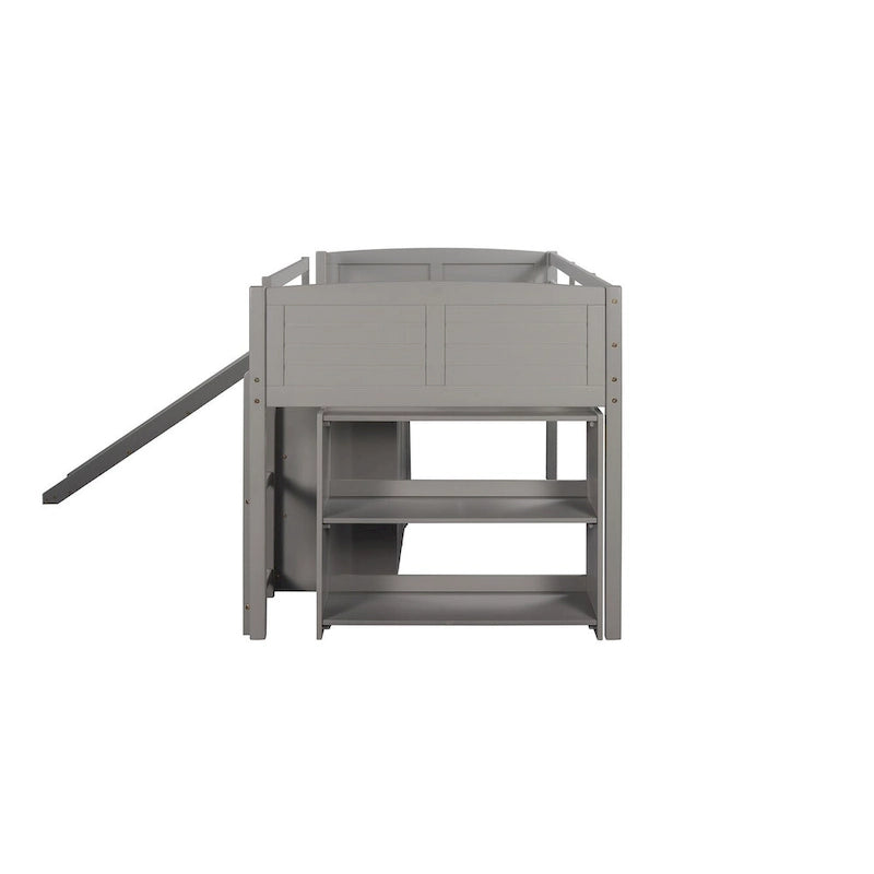 Low Twin Size Loft Bed with Cabinets, Shelves and Slide