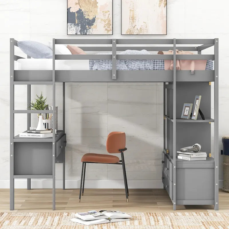 Full Size Loft Bed with Built-in Desk with Two Drawers, and Storage Shelves and Drawers