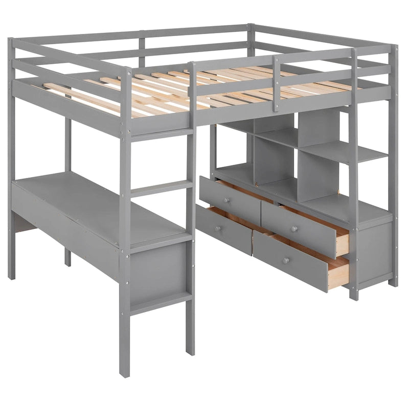 Full Size Loft Bed with Built-in Desk with Two Drawers, and Storage Shelves and Drawers