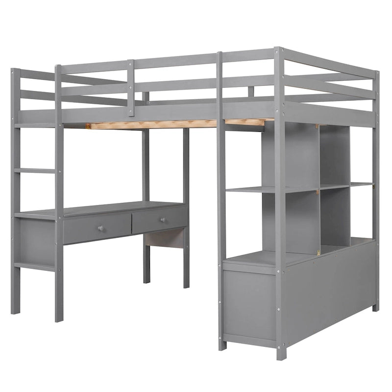 Full Size Loft Bed with Built-in Desk with Two Drawers, and Storage Shelves and Drawers
