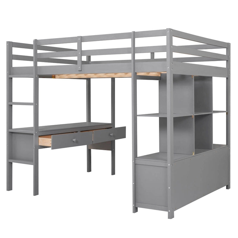 Full Size Loft Bed with Built-in Desk with Two Drawers, and Storage Shelves and Drawers