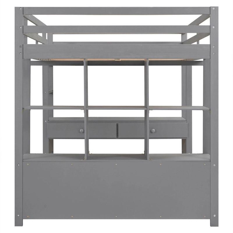 Full Size Loft Bed with Built-in Desk with Two Drawers, and Storage Shelves and Drawers