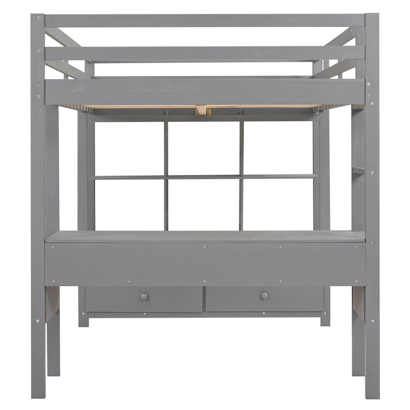 Full Size Loft Bed with Built-in Desk with Two Drawers, and Storage Shelves and Drawers