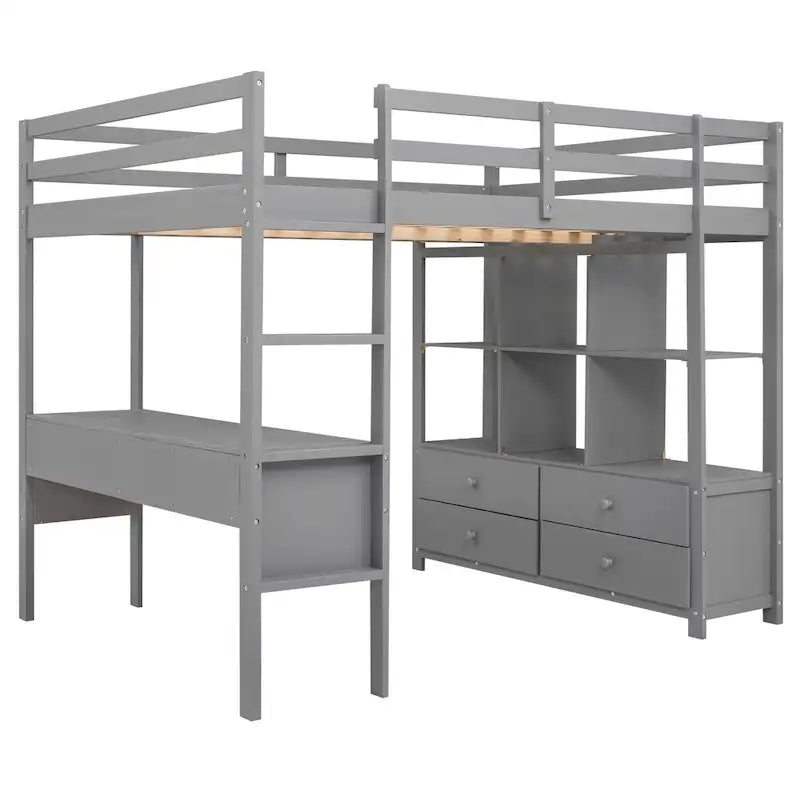 Full Size Loft Bed with Built-in Desk with Two Drawers, and Storage Shelves and Drawers