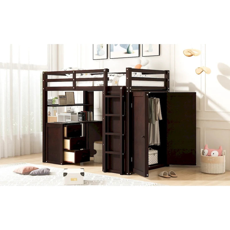 Twin size Loft Bed with Drawers,Desk,and Wardrobe