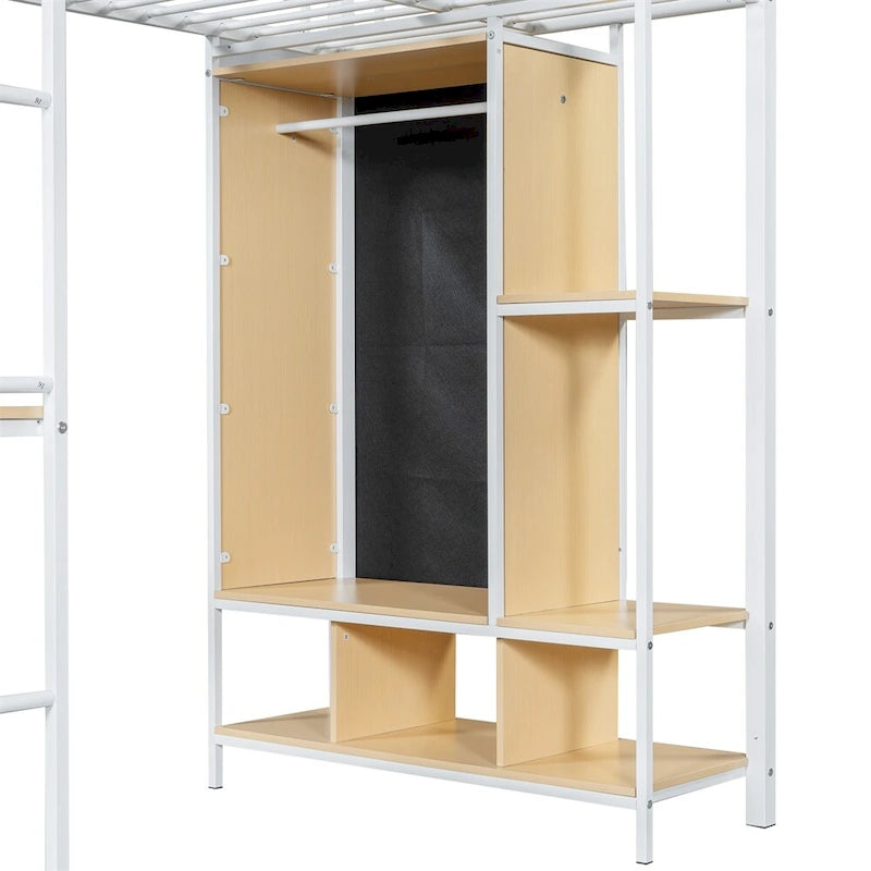 Twin Size Metal Loft Bed with Built-in Wardrobe,Desk and Shelves