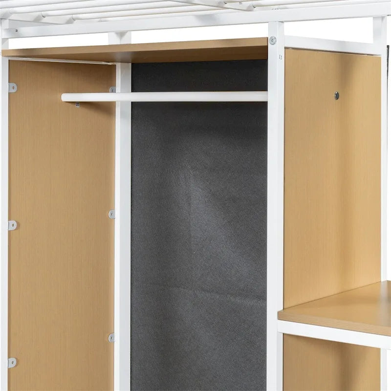 Twin Size Metal Loft Bed with Built-in Wardrobe,Desk and Shelves