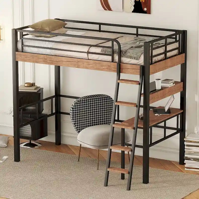 Metal Full Size Loft Bed with Built-in Desk, Storage Shelf and Ladder