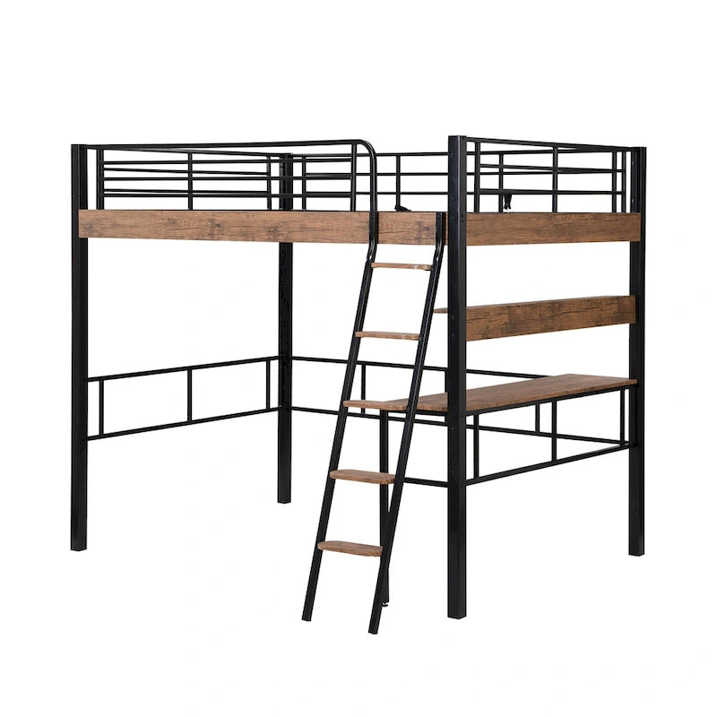 Metal Full Size Loft Bed with Built-in Desk, Storage Shelf and Ladder