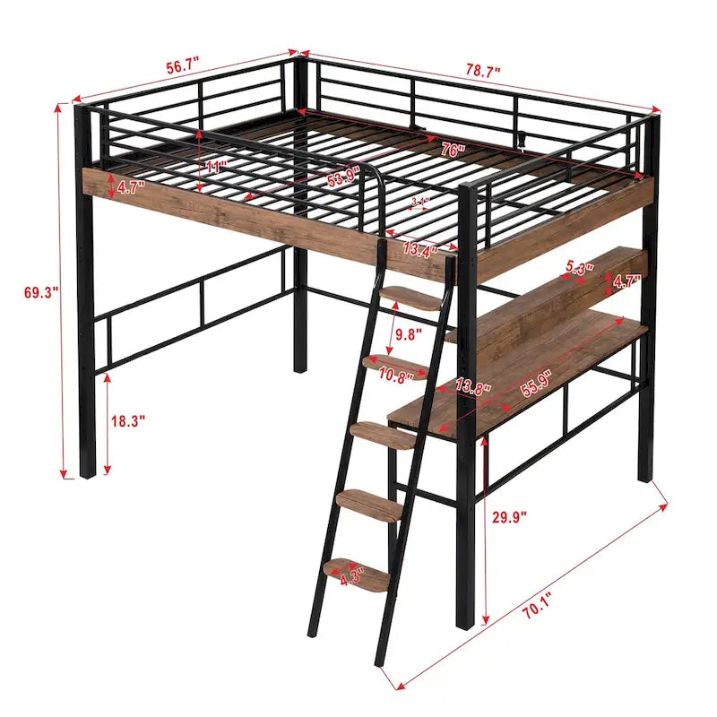 Metal Full Size Loft Bed with Built-in Desk, Storage Shelf and Ladder