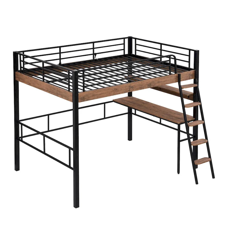 Metal Full Size Loft Bed with Built-in Desk, Storage Shelf and Ladder