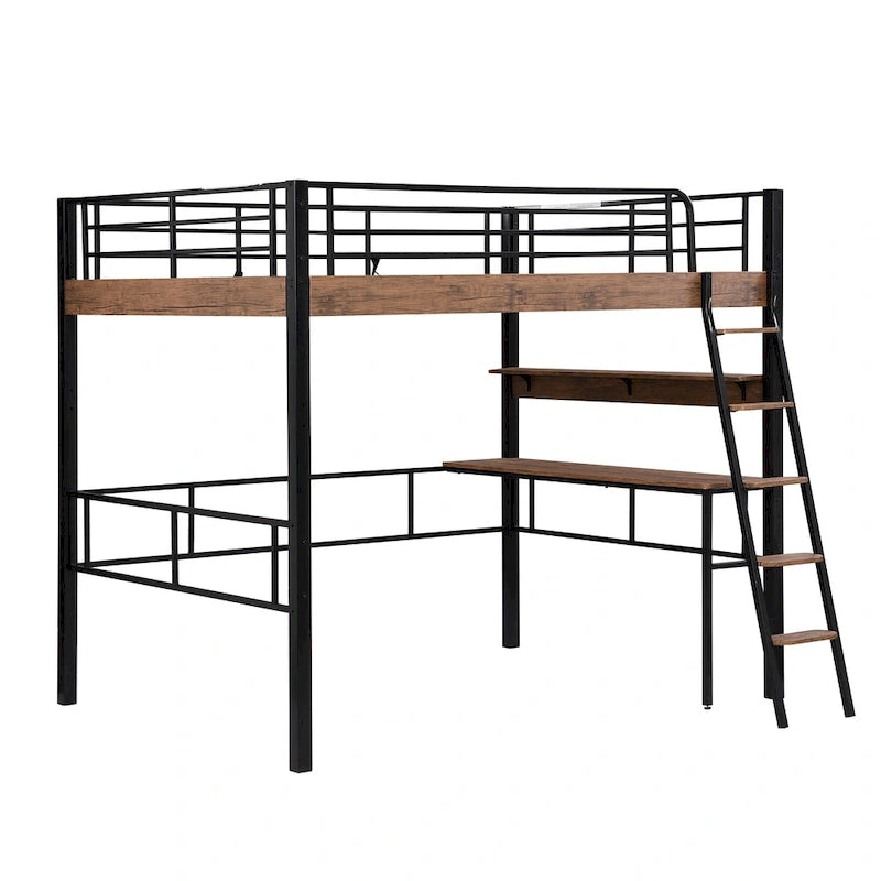 Metal Full Size Loft Bed with Built-in Desk, Storage Shelf and Ladder