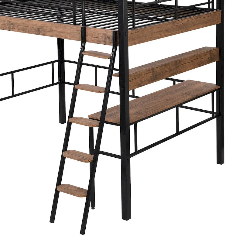 Metal Full Size Loft Bed with Built-in Desk, Storage Shelf and Ladder
