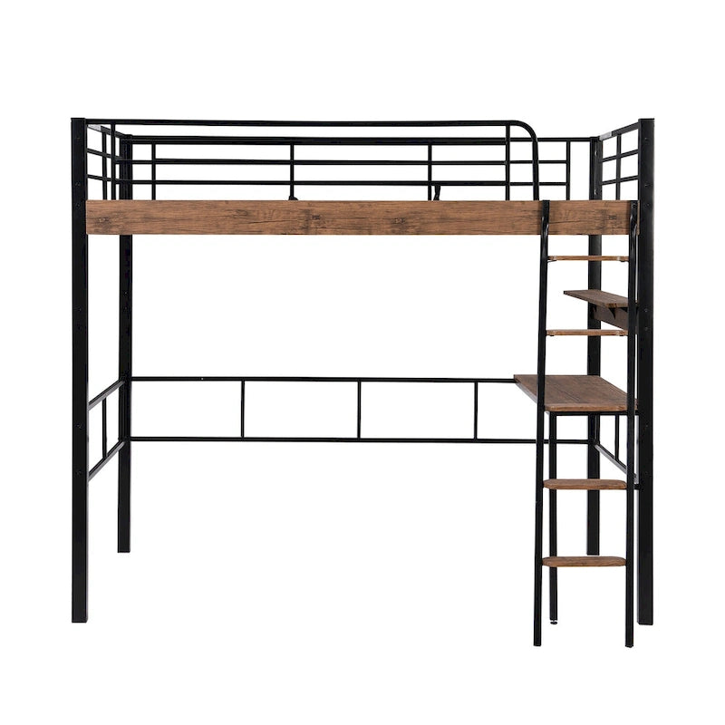 Metal Full Size Loft Bed with Built-in Desk, Storage Shelf and Ladder
