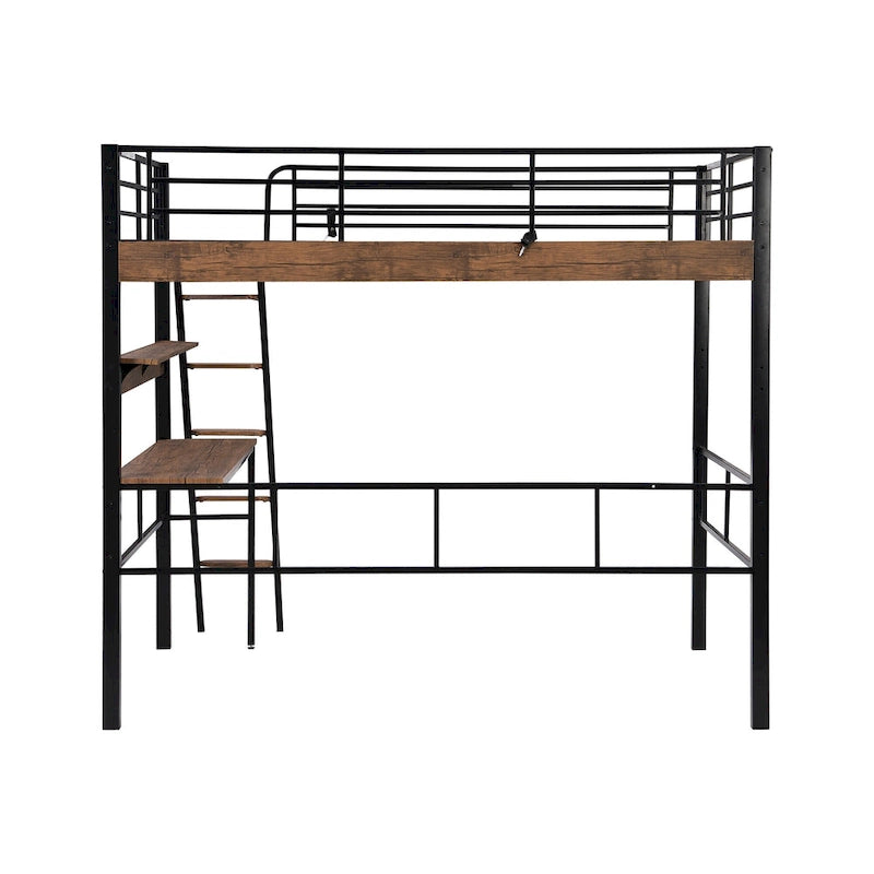 Metal Full Size Loft Bed with Built-in Desk, Storage Shelf and Ladder