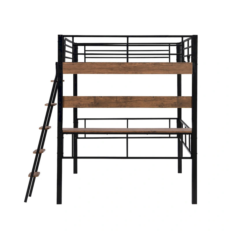 Metal Full Size Loft Bed with Built-in Desk, Storage Shelf and Ladder