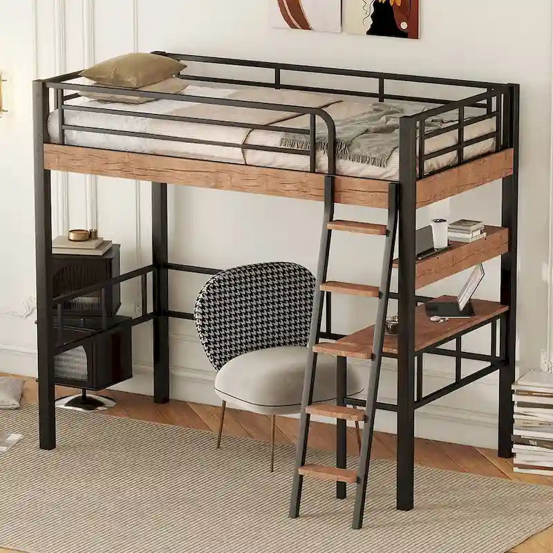Metal Full Size Loft Bed with Built-in Desk, Storage Shelf and Ladder