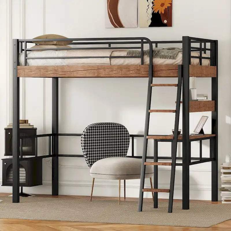 Metal Full Size Loft Bed with Built-in Desk, Storage Shelf and Ladder