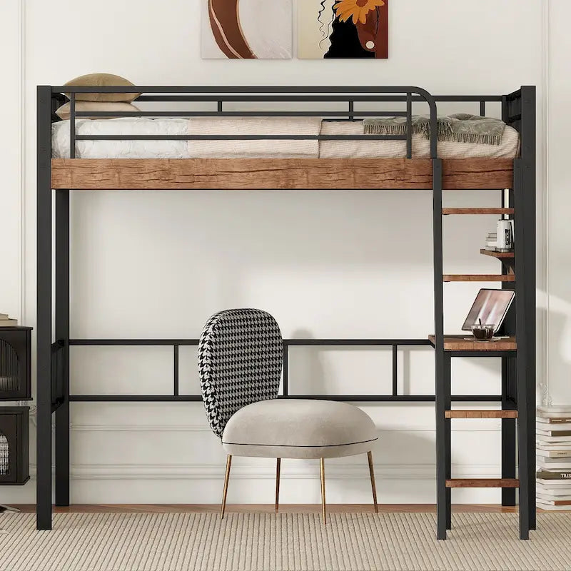Metal Full Size Loft Bed with Built-in Desk, Storage Shelf and Ladder